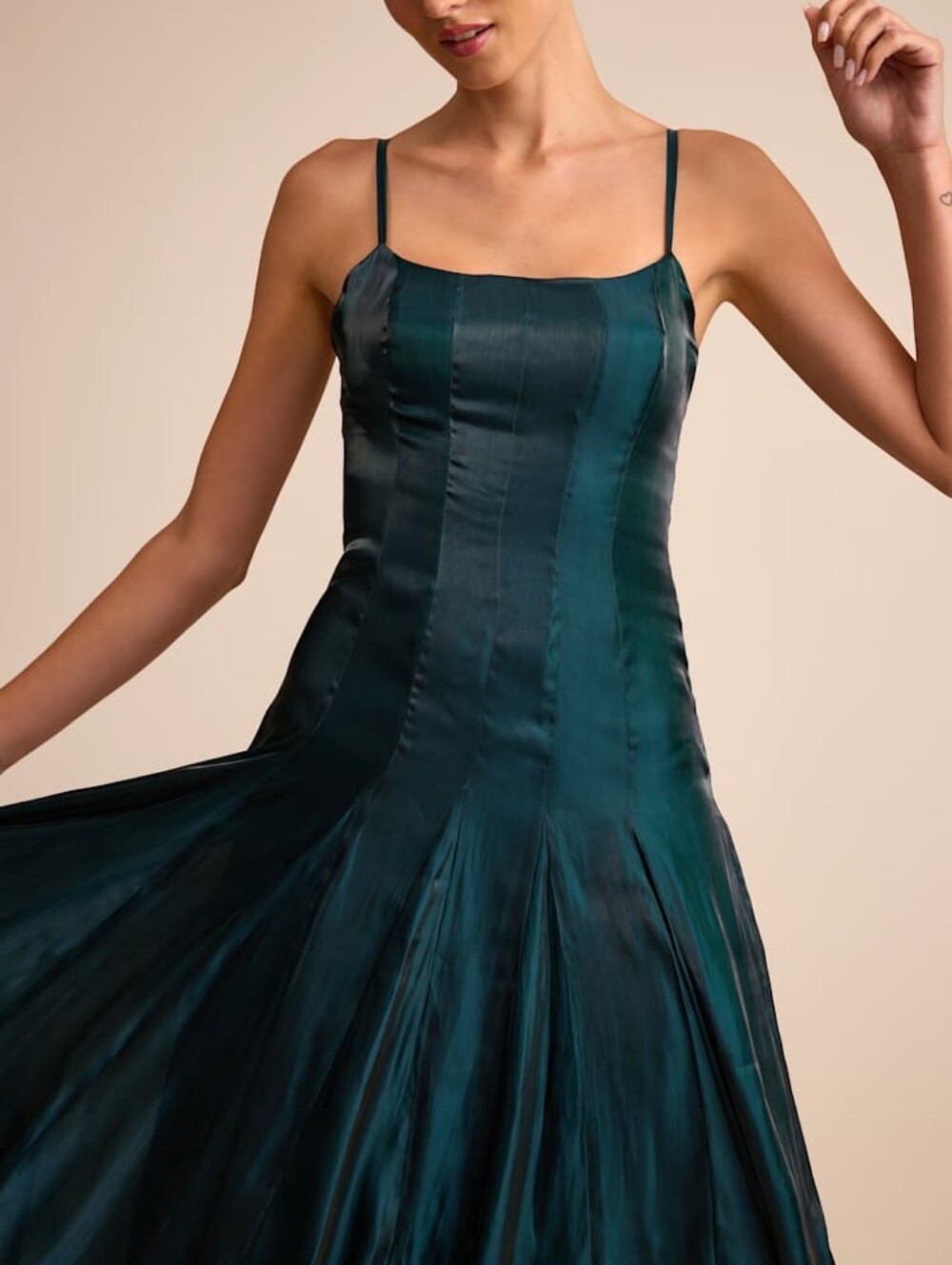 Lulus Zeline Dark Green Organza Drop Waist Pleated Dress S 0-2 NEW - Picture 2 of 5